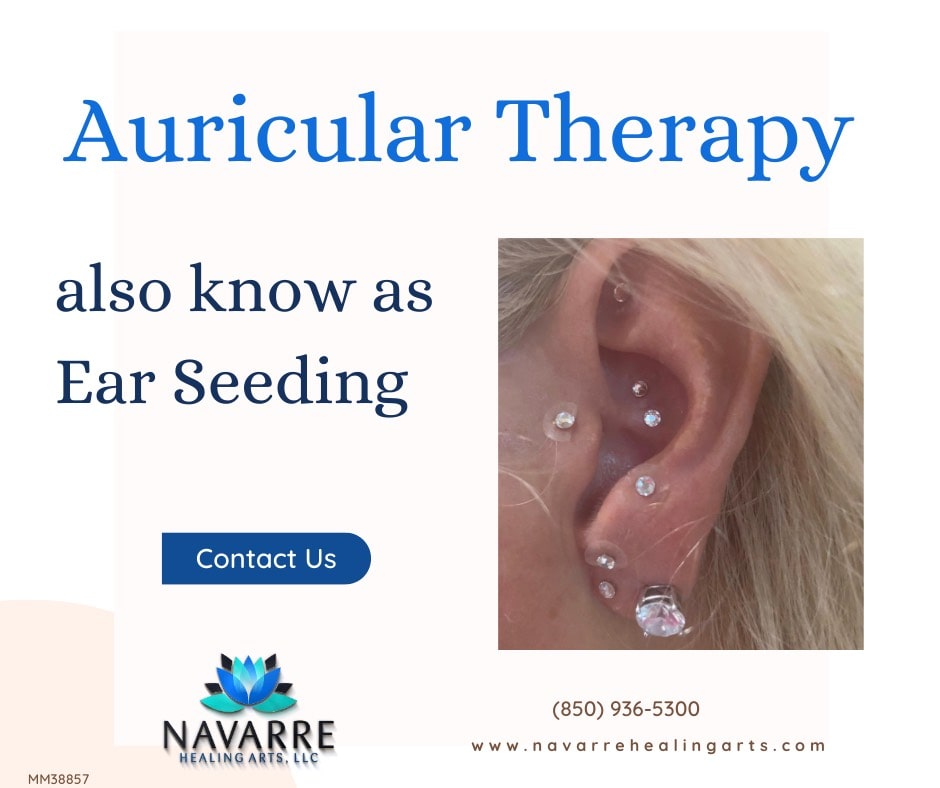 Poster advertising professional and safe ear piercing services at Navarre Healing Arts in Navarre, FL.